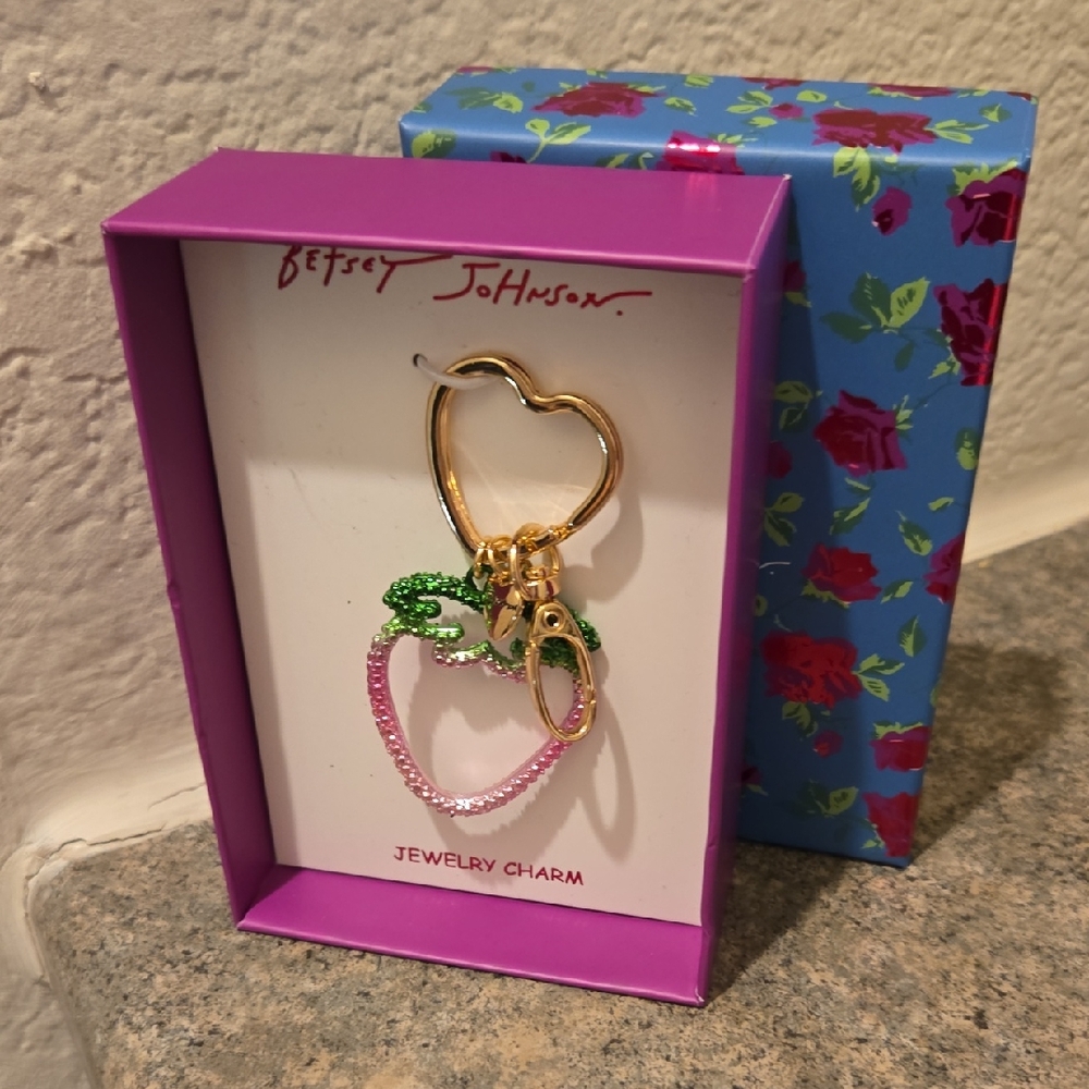 Betsey Johnson Gold Heart Keychain with Pink and Green Accents New